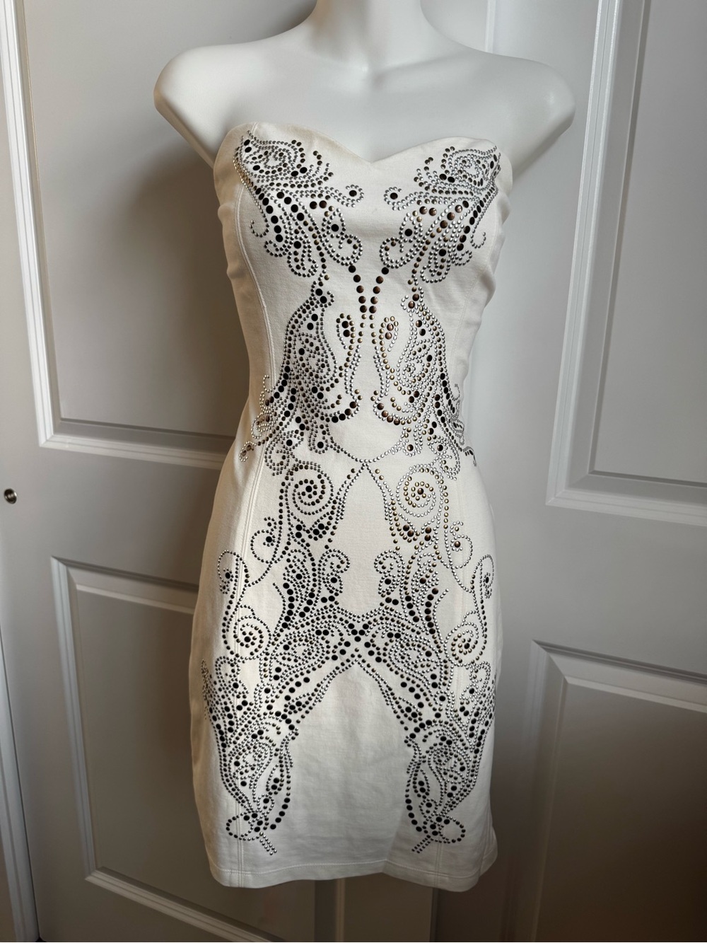 Guess Strapless Ivory Dress with Black Stud Embellishment